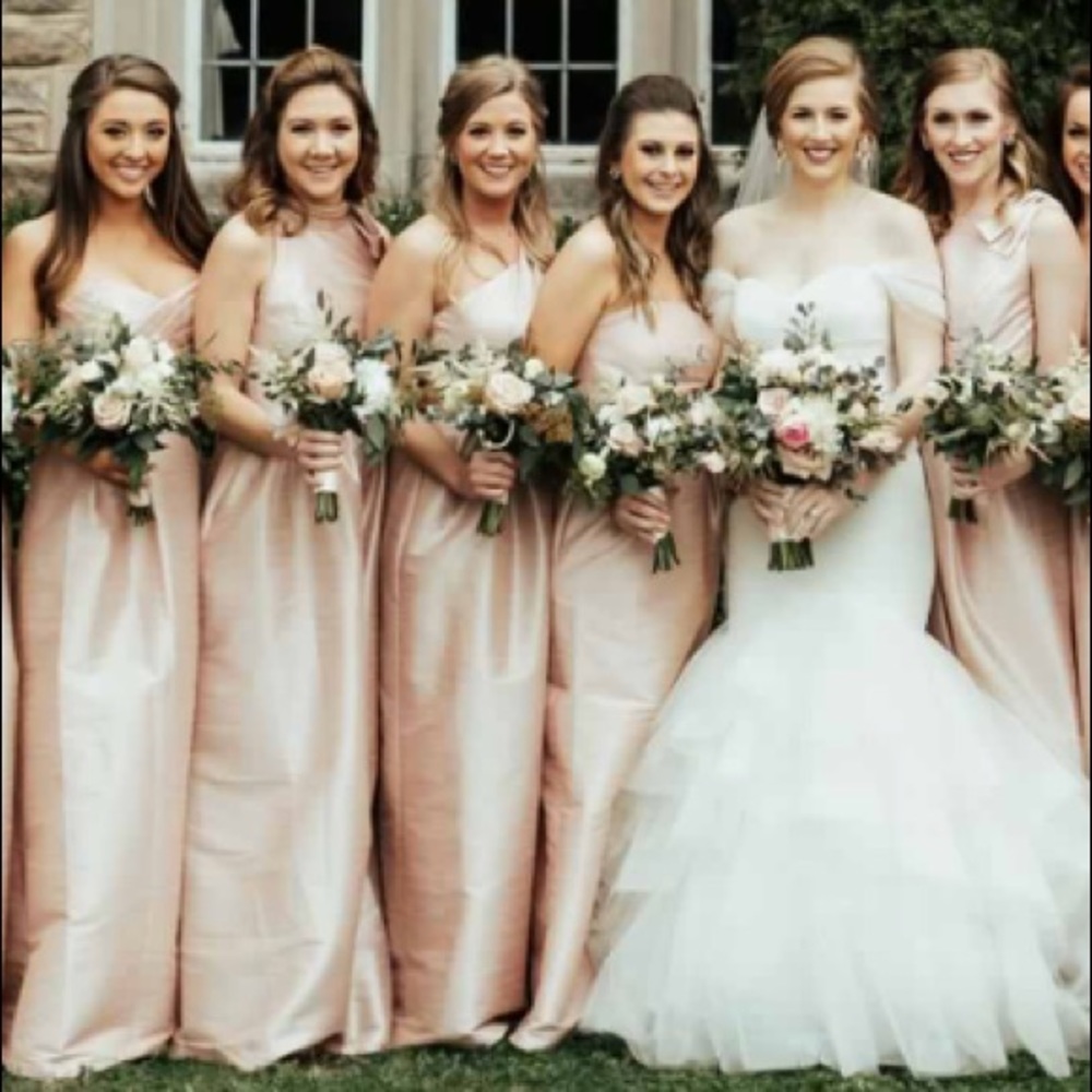 Featured far left, pink silk strapless dress